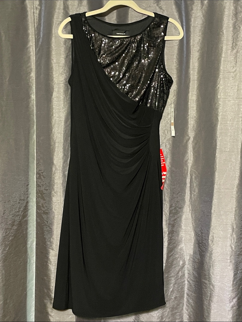 R&M Richards Black One-Shoulder Sequin Draped Dress
